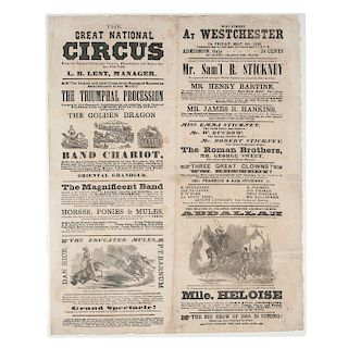 Pair of Mid-Nineteenth Century Circus Broadsides, Including Great National Circus