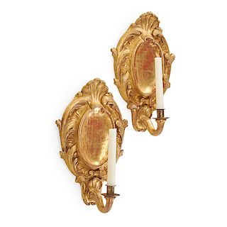 PAIR OF ROCOCO STYLE GILTWOOD WALL SCONCES