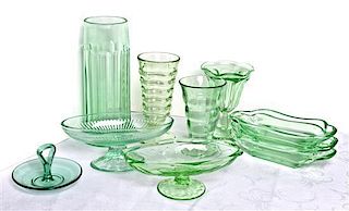 A Collection of Green Glass Ice Cream Serving Articles, Height of first 9 7/8 inches.