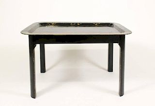 Gilt & Black Floral Tole Peinte Tray on Stand