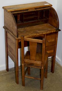 1930's birch child's roll top desk and chair