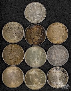 Eight Peace silver dollars, etc.