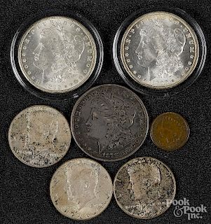 Two 1899 O Morgan silver dollars, etc.