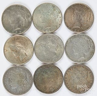 Six Peace silver dollars, etc.