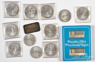Nine American Eagle 1 ozt. fine silver coins, etc