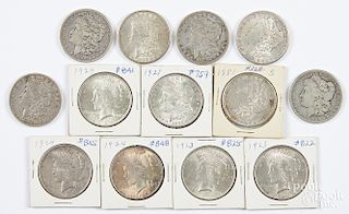 Eight Morgan silver dollars, etc.