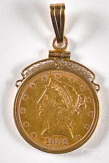 1881 five dollar Liberty head gold coin, etc.