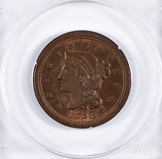 1850 one cent Busted Liberty NCGS MS 64RB.