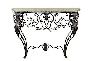 French Style Green Marble Top Iron Console Table