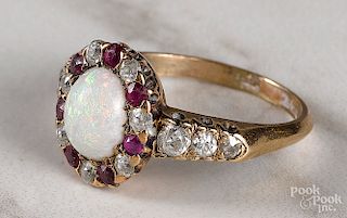 14K gold diamond and opal ring