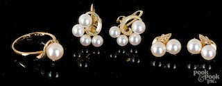 Two pairs of Mikimoto 14K yellow gold earrings, etc.