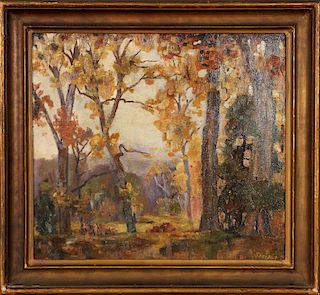 FRANCIS SPEIGHT FALL LANDSCAPE OIL ON WOOD PANEL