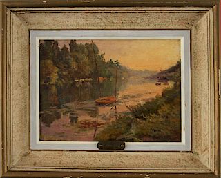 MAURAND BOAT ON RIVER OIL ON CANVAS SIGNED