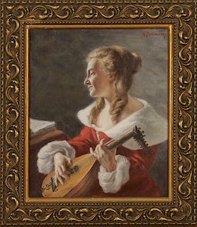HANS PAHLMANN WOMAN PLAYING OIL ON CANVAS SIGNED