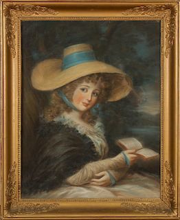 ANTIQUE MADAM HOLDING A BOOK PASTEL ON PAPER