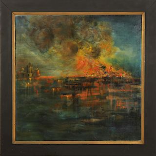R.A. KRITZ FIRE ON WATER OIL ON CANVAS SIGNED