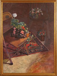 FLOWERS ON CHAIRS OIL ON CANVAS SIGNED