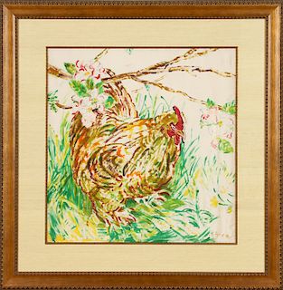 JANET FISH "ROOSTERS" WATERCOLOR ON SILK SIGNED