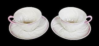 A Pair of Belleek Low Celtic Teacups and Saucers, Diameter of saucer 5 1/8 inches.