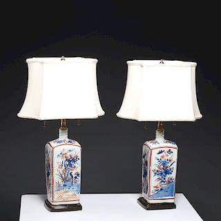 Pair early Imari squared porcelain bottle lamps