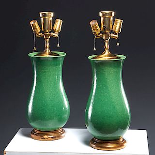 Pair Chinese apple green crackle glazed vase lamps