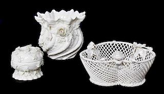 Three Belleek Articles, Height of first 2 1/2 x diameter 5 inches.