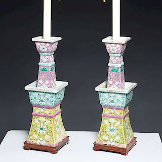 Pair Chinese famille verte altar stick lamps