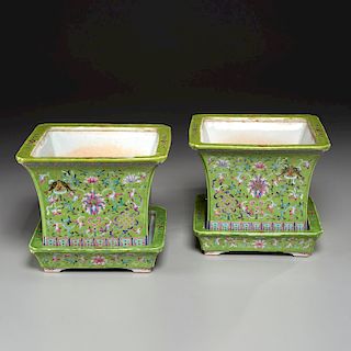 Pair Chinese famille verte jardiniere with trays