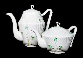 A Belleek Harp Shamrock Teapot and Coffee Pot, Height of coffee pot 7 1/2 inches.