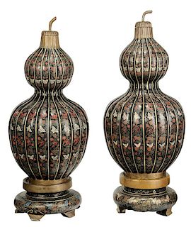 Monumental Pair of Asian Lacquered Double Gourds on Stands