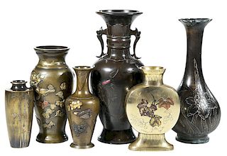 Six Asian Bronze Vases With Floral Decorations