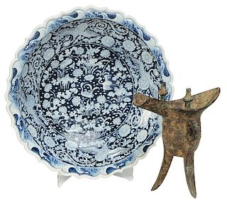 Bronze Wine Vessel and Blue and White Charger