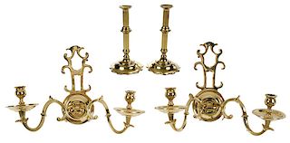 Two Pairs Brass Candlesticks And Sconces