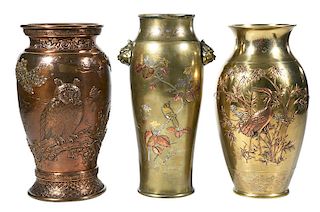 Three Japanese Mixed Metal Baluster Vases
