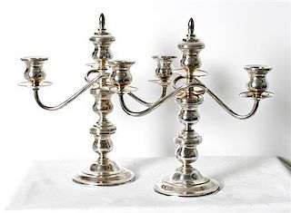 A Pair of Silver Three-Light Candelabra, Height 9 1/2 inches.