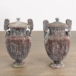 Pair George III style lead lidded garden urns
