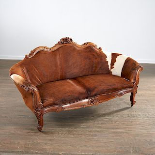 Victorian carved walnut and pony skin settee