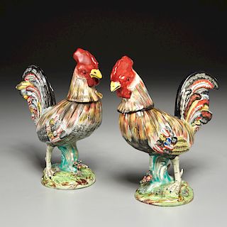 Pair hand-painted pearlware lidded rooster pots
