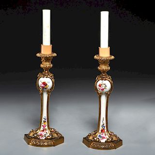 Pair bronze mounted porcelain candlesticks