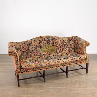 George III mahogany camelback tapestry sofa
