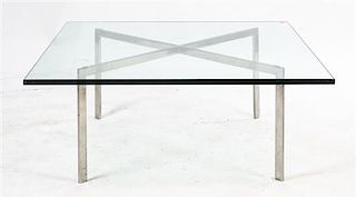 An American Chrome and Glass Low Table, after the Mies van der Rohe example, Width 39 3/4 inches.