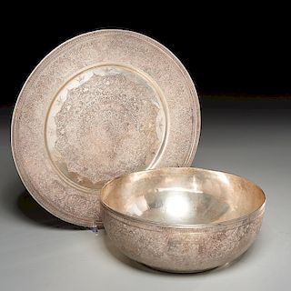 Large Persian silver bowl and underplate