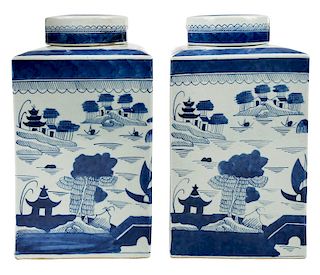 Pair Small Square Chinese Blue and White Jars
