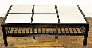 A Mid Century Ebonized and Milk Glass Inset Low Table, Height 15 1/4 x width 53 x depth 36 inches.