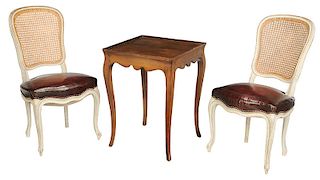 Pair Provincial Caned Side Chairs And Table