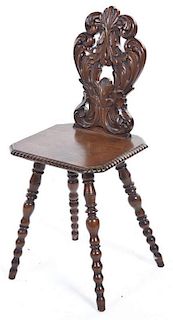 A Gothic Revival Walnut Hall Chair, Height 38 inches.