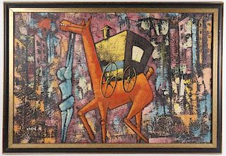 American School Oil, "Abstract Horse with Figure"