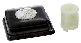 Carved Jade Vessel and Wood Box with Jade Plaque