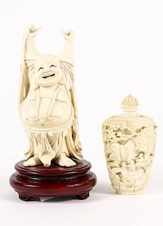 Chinese Ivory Snuff Bottle & Happy Buddha