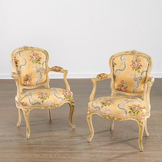 Pair Louis XV style polychrome painted fauteuils